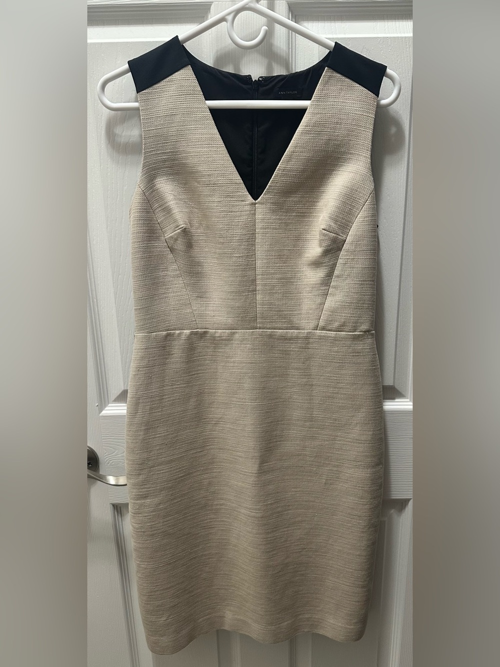 Ann Taylor Beige Textured V-Neck Midi Sheath Dress